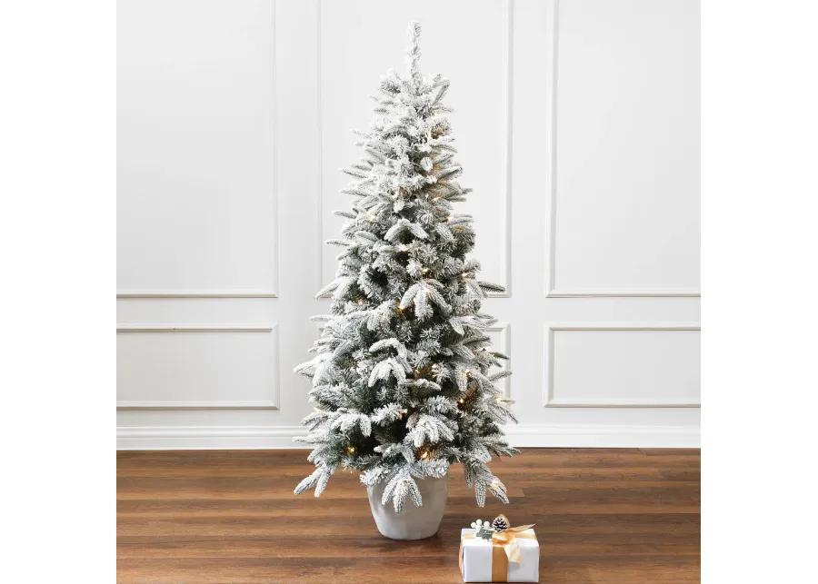 LuxenHome 5Ft Pre-Lit Snow Flocked Slim Fir Potted Artificial Christmas Tree