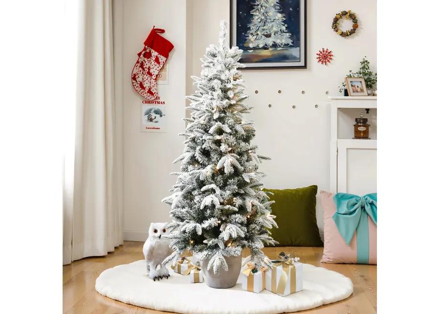 LuxenHome 5Ft Pre-Lit Snow Flocked Slim Fir Potted Artificial Christmas Tree