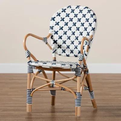 Bali & Pari Bryson Modern French Blue and White Weaving and Natural Rattan Bistro Chair