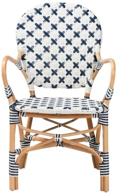 Bali & Pari Bryson Modern French Blue and White Weaving and Natural Rattan Bistro Chair