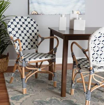 Bali & Pari Bryson Modern French Blue and White Weaving and Natural Rattan Bistro Chair