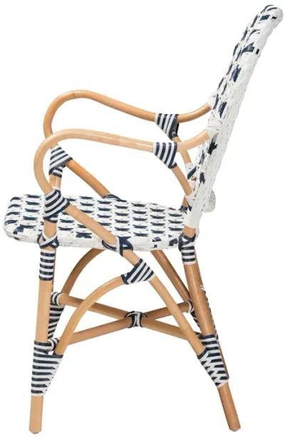 Bali & Pari Bryson Modern French Blue and White Weaving and Natural Rattan Bistro Chair