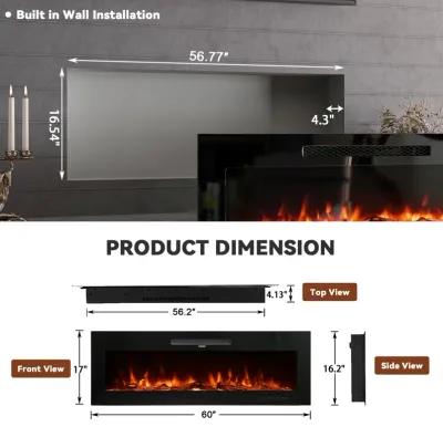 MONDAWE 60" Recessed Wall-Mounted Electric Fireplace 5000 BTU Heater with Remote Control