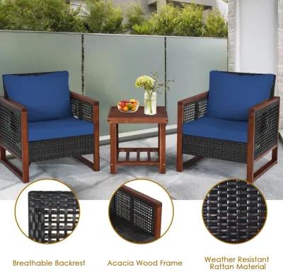 3 Pieces Patio Wicker Furniture Set with Washable Cushion and Acacia Wood Coffee Table