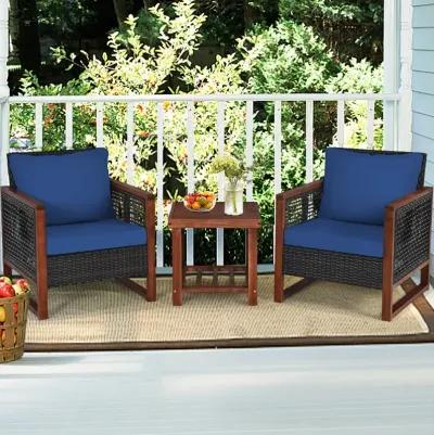 3 Pieces Patio Wicker Furniture Set with Washable Cushion and Acacia Wood Coffee Table