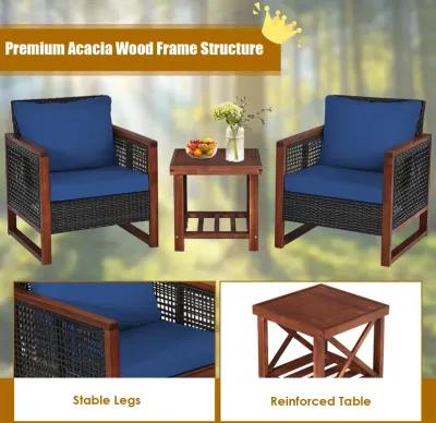 3 Pieces Patio Wicker Furniture Set with Washable Cushion and Acacia Wood Coffee Table