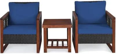 3 Pieces Patio Wicker Furniture Set with Washable Cushion and Acacia Wood Coffee Table