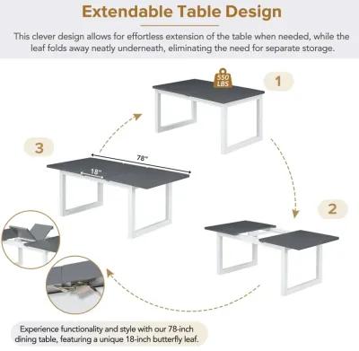 MONDAWE Modern 78inch 6-Piece Extendable Butterfly Leaf Style Dining Table Set, 4 Upholstered Dining Chairs and Long Bench