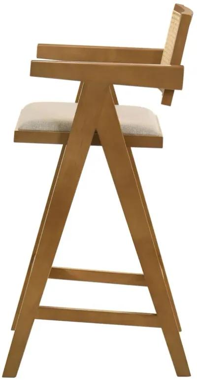 Jane Barstool Chair Set of 2, Sand Beige Rattan, Walnut Brown Solid Wood - Benzara