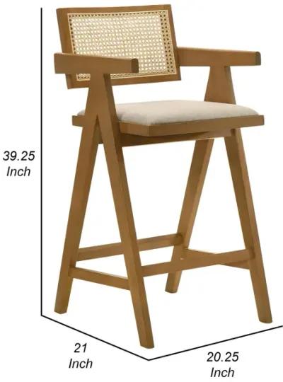 Jane Barstool Chair Set of 2, Sand Beige Rattan, Walnut Brown Solid Wood - Benzara