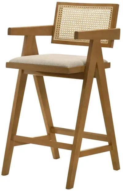 Jane Barstool Chair Set of 2, Sand Beige Rattan, Walnut Brown Solid Wood - Benzara