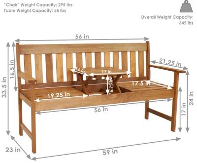 Sunnydaze 2-Person Meranti Wood Outdoor Bench with Pop-Up Table