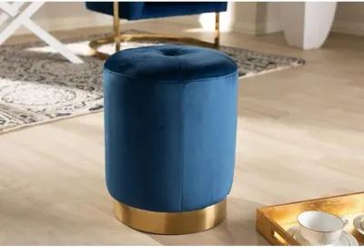 Alonza Glam Navy Blue Velvet Fabric Upholstered Gold-Finished Ottoman