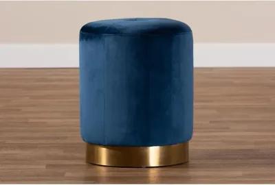 Alonza Glam Navy Blue Velvet Fabric Upholstered Gold-Finished Ottoman