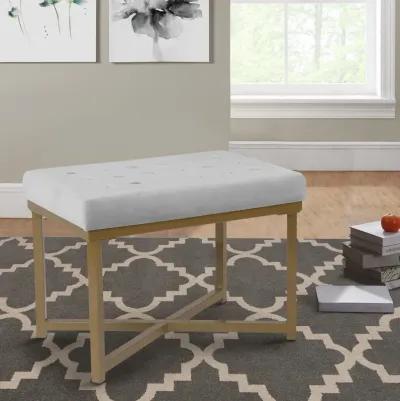 Metal Framed Ottoman with Button Tufted Velvet Upholstered Seat, Light Gray and Gold - Benzara