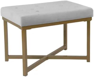 Metal Framed Ottoman with Button Tufted Velvet Upholstered Seat, Light Gray and Gold - Benzara