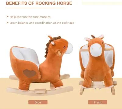 Brown/White Musical Mount: Wooden Plush Rocking Horse for Toddlers