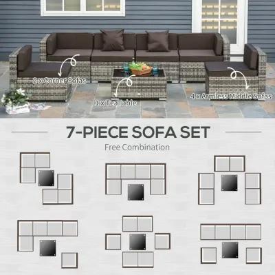 7 Piece Set Rattan Sofa Luxury Modular Conversation Outdoor Furniture, Beige