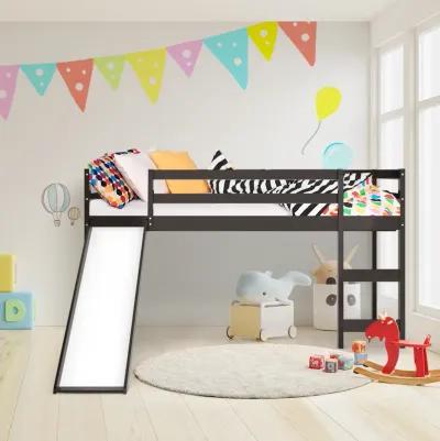 Twin Size Low Sturdy Loft Bed with Slide Wood