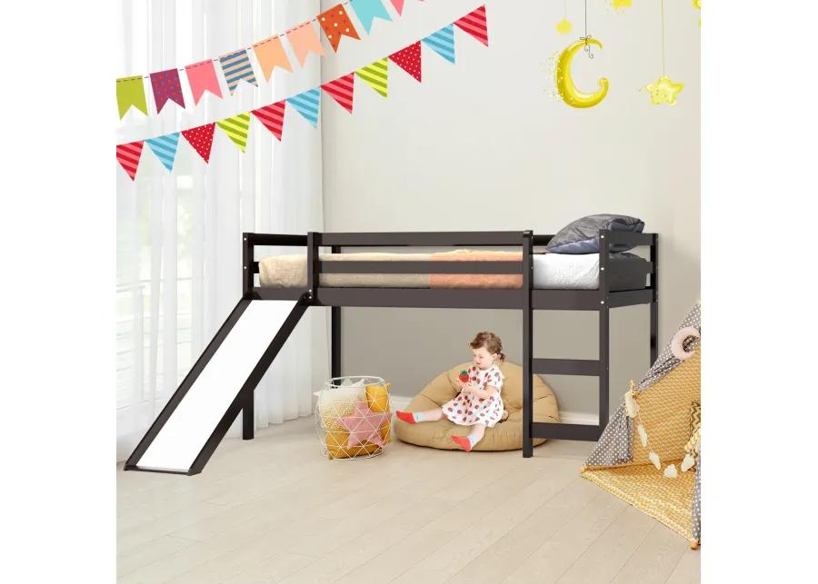 Twin Size Low Sturdy Loft Bed with Slide Wood