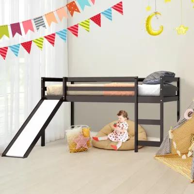 Twin Size Low Sturdy Loft Bed with Slide Wood