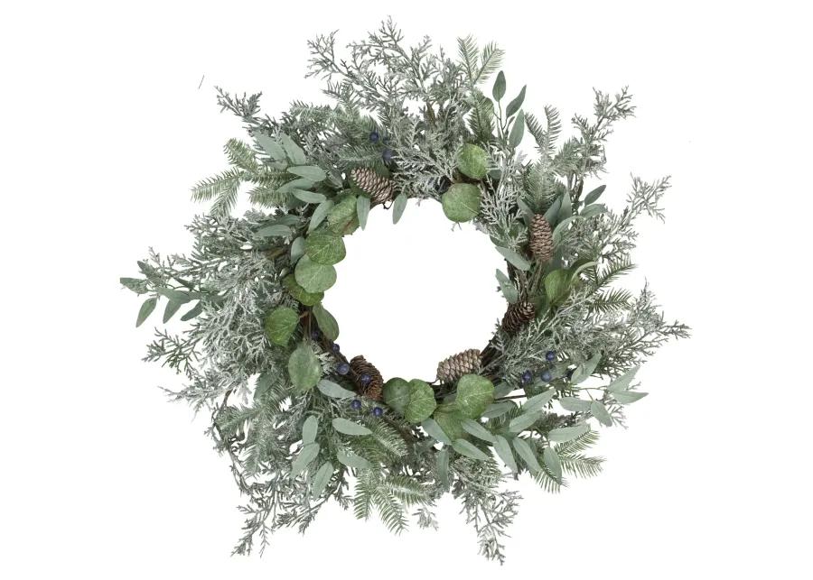 Frosted Green Mixed Foliage and Blueberries Artificial Christmas Wreath  26-Inch  Unlit