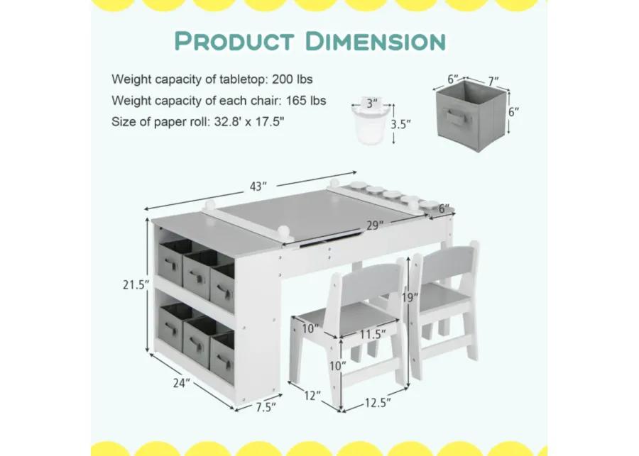 Hivvago 2-in-1 Kids Wooden Art Table and Art Easel Set with Chairs Storage Bins Paper Roll-Gray