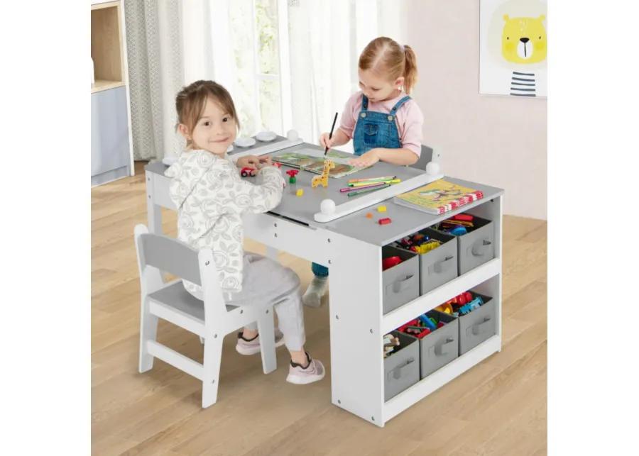 Hivvago 2-in-1 Kids Wooden Art Table and Art Easel Set with Chairs Storage Bins Paper Roll-Gray