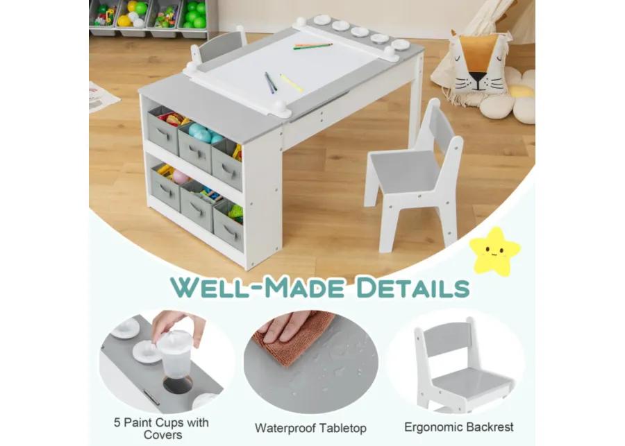 Hivvago 2-in-1 Kids Wooden Art Table and Art Easel Set with Chairs Storage Bins Paper Roll-Gray