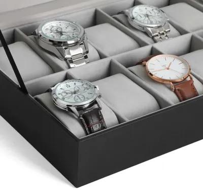 Men's 12-Slot Watch Case Glass Top, Lockable Organizer