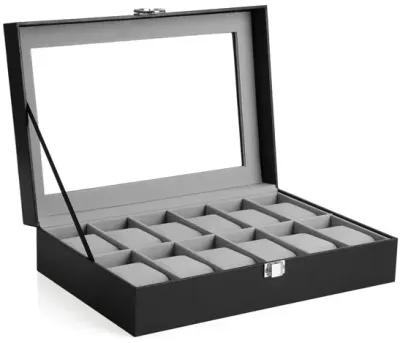 Men's 12-Slot Watch Case Glass Top, Lockable Organizer