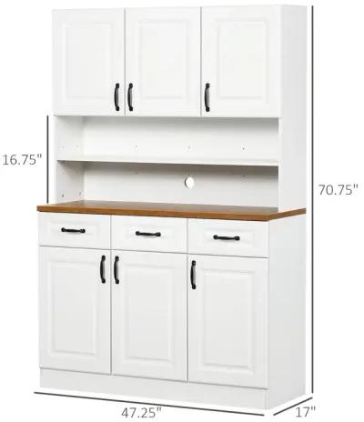 White Kitchen Hutch: 71" Pantry Cabinet with Drawers & Countertop