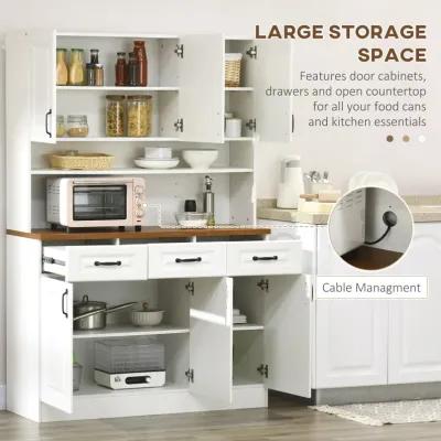 White Kitchen Hutch: 71" Pantry Cabinet with Drawers & Countertop