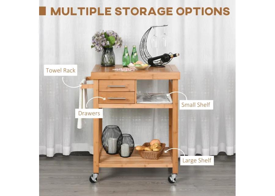 Indoor Distressed Moving Microwave Cart w/ 2 Storage Drawers Adjustable Shelves