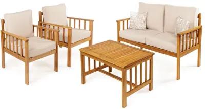 Everly 4-Piece Modern Cottage Acacia Wood Outdoor Patio Set with Cushions and Tropical Decorative Pillows