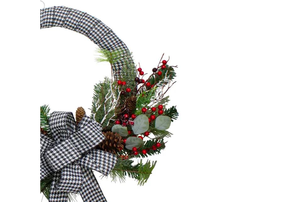 Black and White Houndstooth and Berry Artificial Christmas Wreath - 24-Inch  Unlit