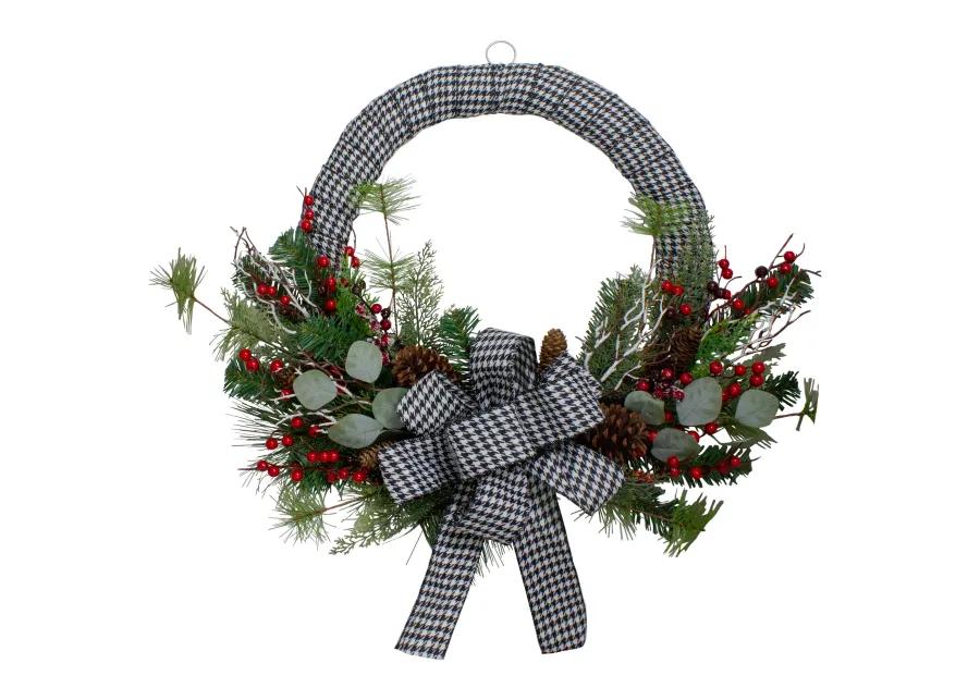 Black and White Houndstooth and Berry Artificial Christmas Wreath - 24-Inch  Unlit