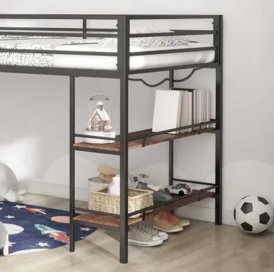 Junior Twin Loft Metal Bunk Bed Frame with Cinnamon Wood Shelf, Full-Length Guardrails, Anti-Noise Design, Easy Assembly, Black