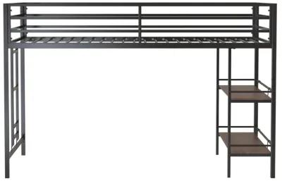 Junior Twin Loft Metal Bunk Bed Frame with Cinnamon Wood Shelf, Full-Length Guardrails, Anti-Noise Design, Easy Assembly, Black