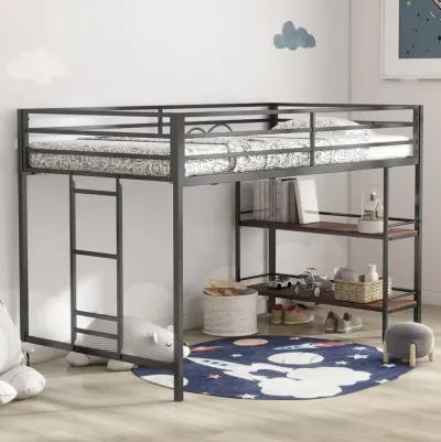 Junior Twin Loft Metal Bunk Bed Frame with Cinnamon Wood Shelf, Full-Length Guardrails, Anti-Noise Design, Easy Assembly, Black