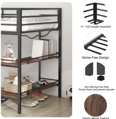 Junior Twin Loft Metal Bunk Bed Frame with Cinnamon Wood Shelf, Full-Length Guardrails, Anti-Noise Design, Easy Assembly, Black