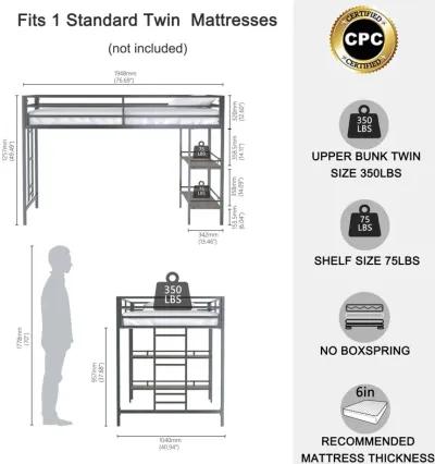 Junior Twin Loft Metal Bunk Bed Frame with Cinnamon Wood Shelf, Full-Length Guardrails, Anti-Noise Design, Easy Assembly, Black