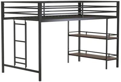 Junior Twin Loft Metal Bunk Bed Frame with Cinnamon Wood Shelf, Full-Length Guardrails, Anti-Noise Design, Easy Assembly, Black