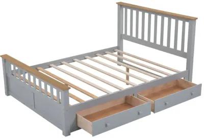 Queen Size Wood Platform Bed With Two Drawers And Wooden Slat Support