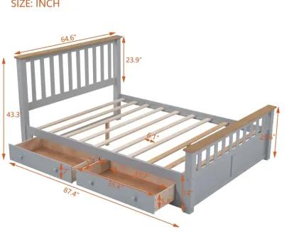 Queen Size Wood Platform Bed With Two Drawers And Wooden Slat Support