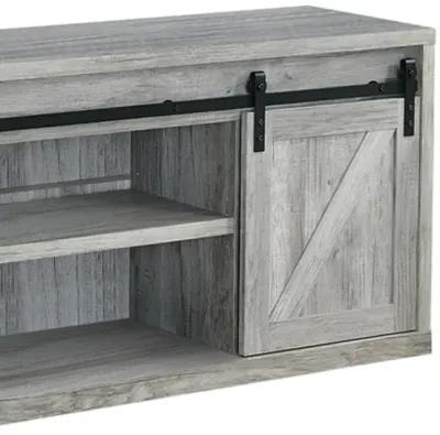 71 Inch Farmhouse Wooden TV Console With 2 Sliding Barn Doors, Gray-Benzara