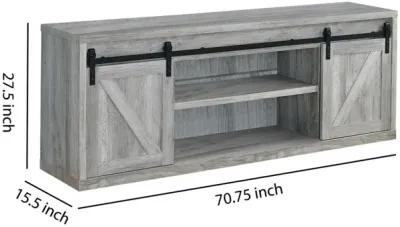 71 Inch Farmhouse Wooden TV Console With 2 Sliding Barn Doors, Gray-Benzara