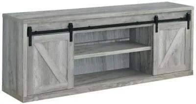 71 Inch Farmhouse Wooden TV Console With 2 Sliding Barn Doors, Gray-Benzara