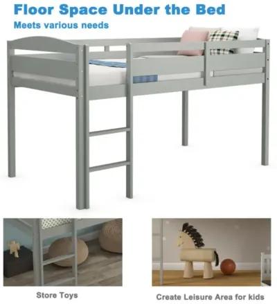 Wooden Twin Low Loft Bunk Bed with Guard Rail and Ladder