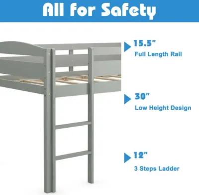 Wooden Twin Low Loft Bunk Bed with Guard Rail and Ladder